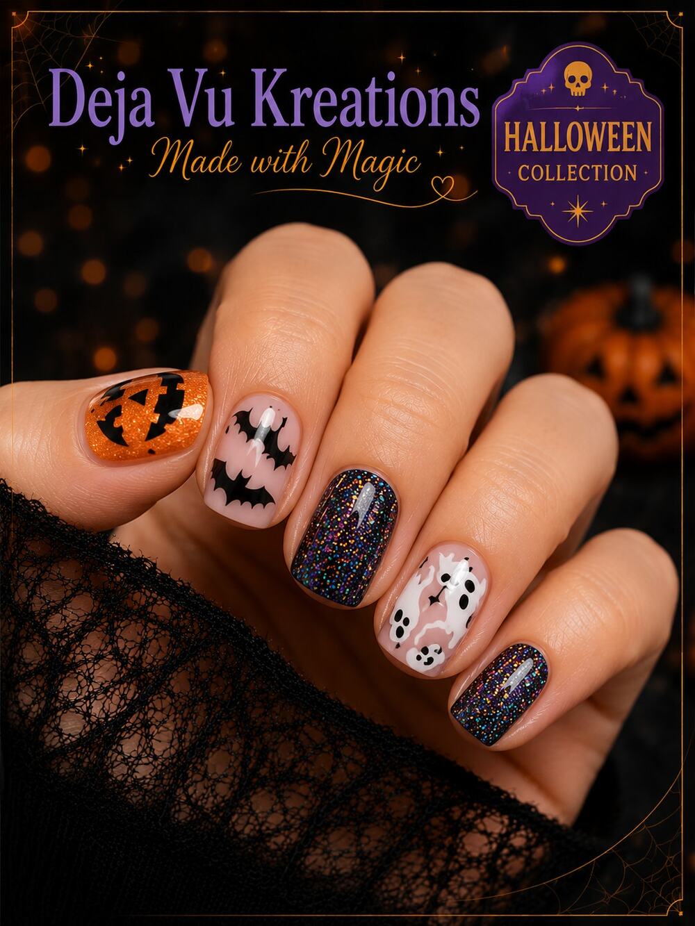 COMING SOON!! 24 Piece Cute Ghost & Jack-O'-Lantern Press On Short Square Nails